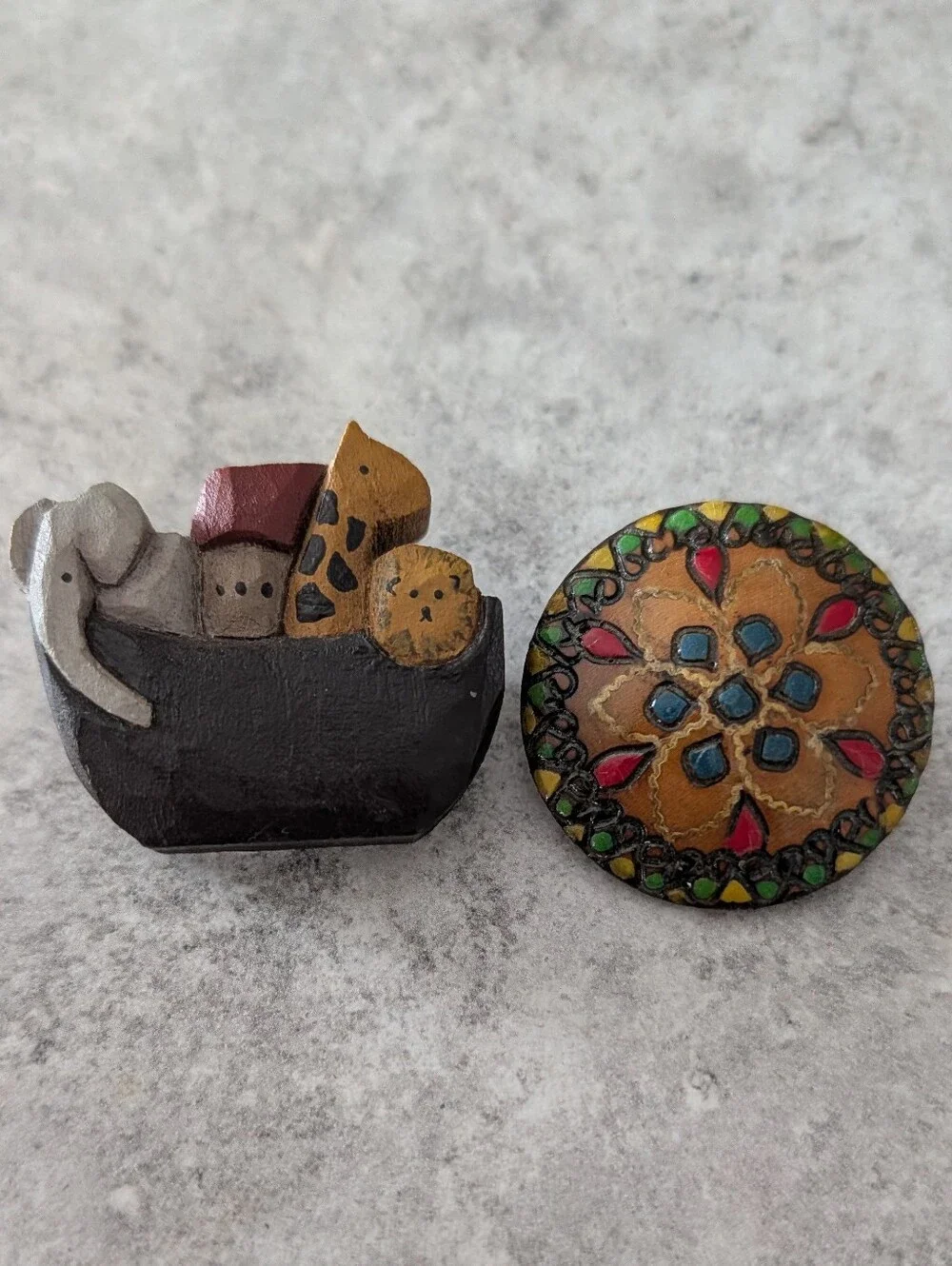 Handcrafted Wooden Brooch Set, Ark With Animals And Floral Mandala